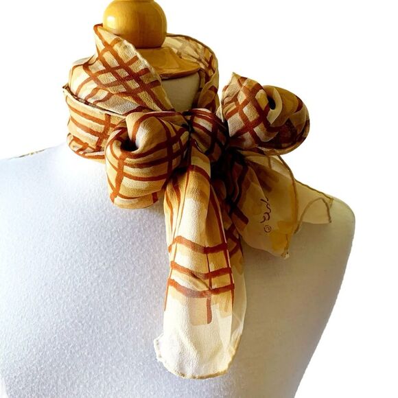 Vintage NOS ECHO Rectangular Brown Tan Silk Scarf Hand Rolled Hem - Picture 7 of 9